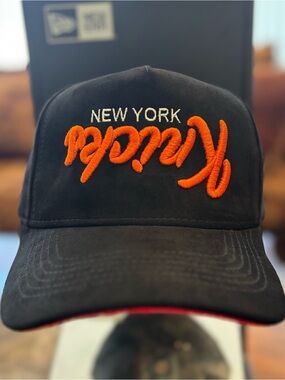 New York Knicks Black Suede SnapBack Hat Inverted Knicks Logo Red Under Visor